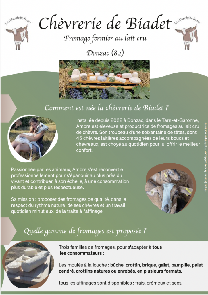 Plaquette de présentation de la chèvrerie de Biadet à Donzac créer par l'agence com'postelle à Auvillar