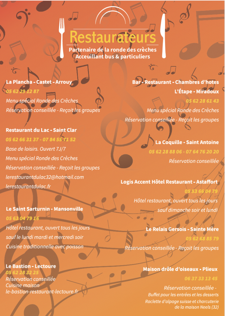 Affiche restaurateurs de la ronde des crèches pour l 'association la ronde des crèches autour de Miradoux créer par Agence Com'postelle à entre Lectoure et Auvillar