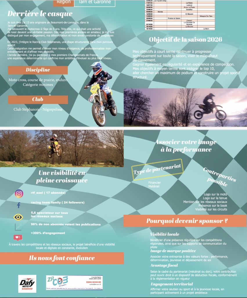 Intérieur dossier partenariat moto cross créer par L'agence com'postelle à Auvillar