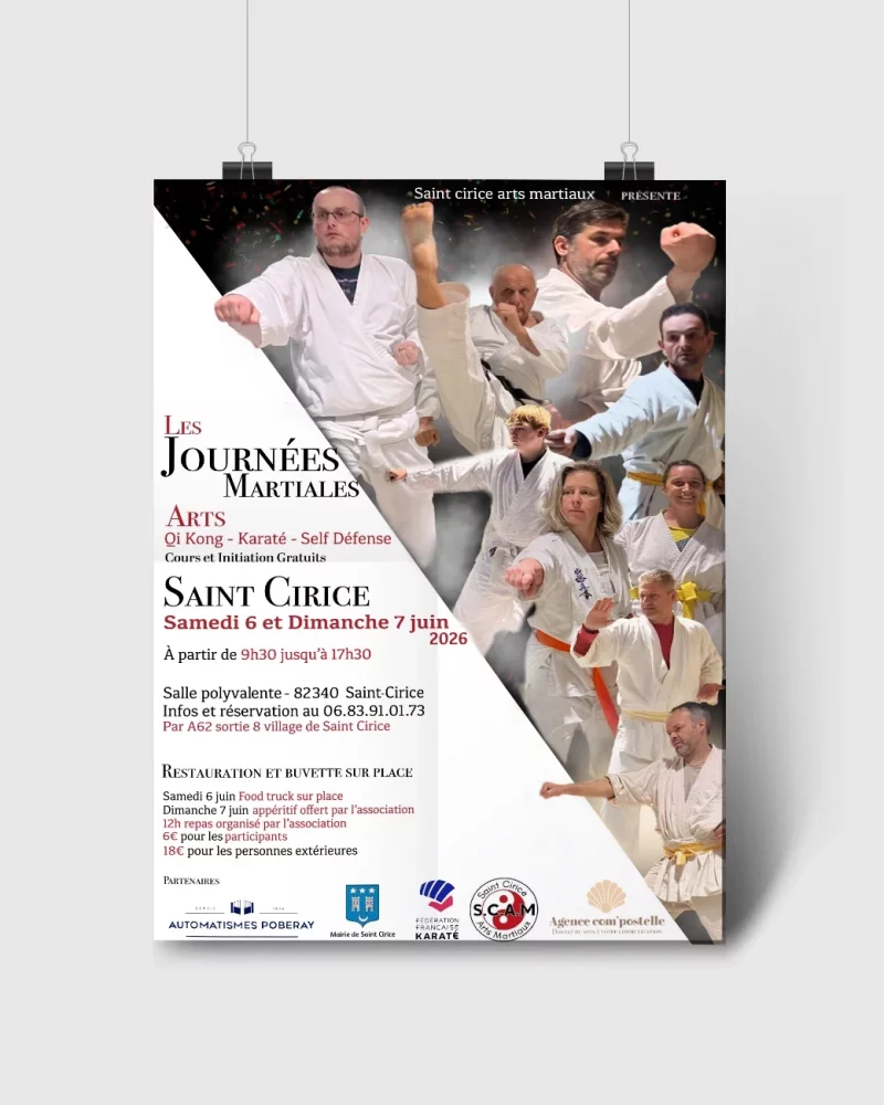 Affiche journée martiale à saint cirice par l'association saint cirice arts martiaux affiche créer par l'agence com'postelle